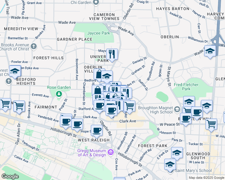 map of restaurants, bars, coffee shops, grocery stores, and more near 611 Daniels Street in Raleigh