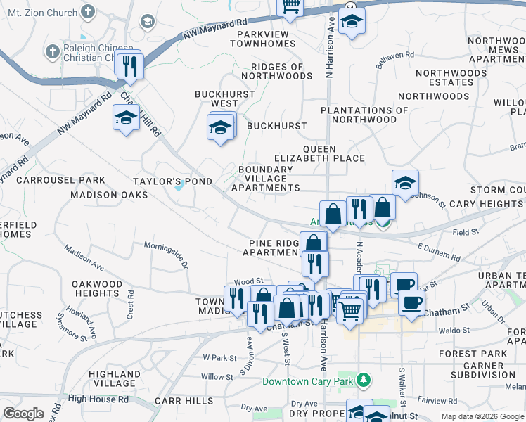 map of restaurants, bars, coffee shops, grocery stores, and more near 210 Hosta Lily Court in Cary