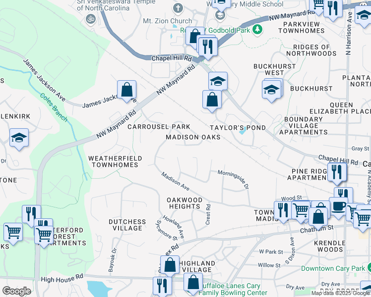 map of restaurants, bars, coffee shops, grocery stores, and more near 201 Oscar Lane in Cary