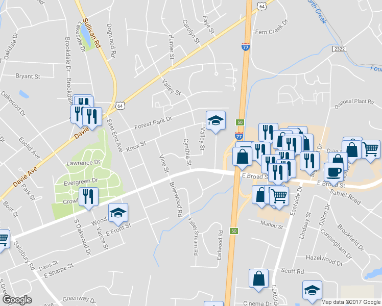 map of restaurants, bars, coffee shops, grocery stores, and more near 204 Cynthia Street in Statesville