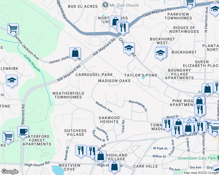 map of restaurants, bars, coffee shops, grocery stores, and more near 201 Oscar Lane in Cary