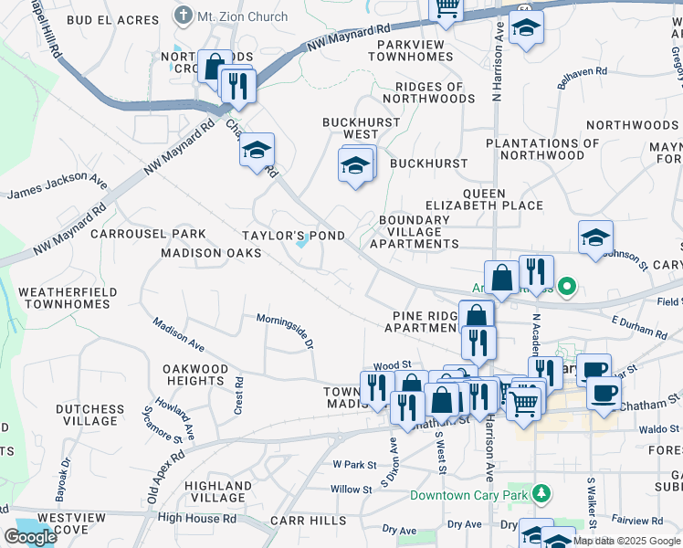 map of restaurants, bars, coffee shops, grocery stores, and more near 102 Rockspray Court in Cary