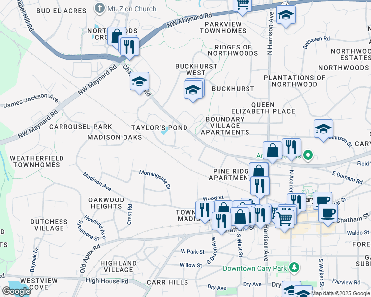 map of restaurants, bars, coffee shops, grocery stores, and more near 102 Rockspray Court in Cary