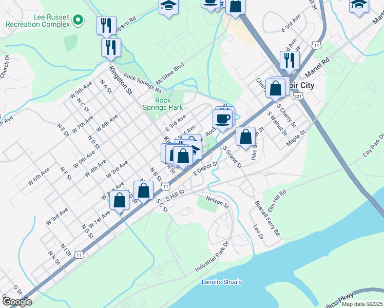 map of restaurants, bars, coffee shops, grocery stores, and more near 302 East 1st Avenue in Lenoir City