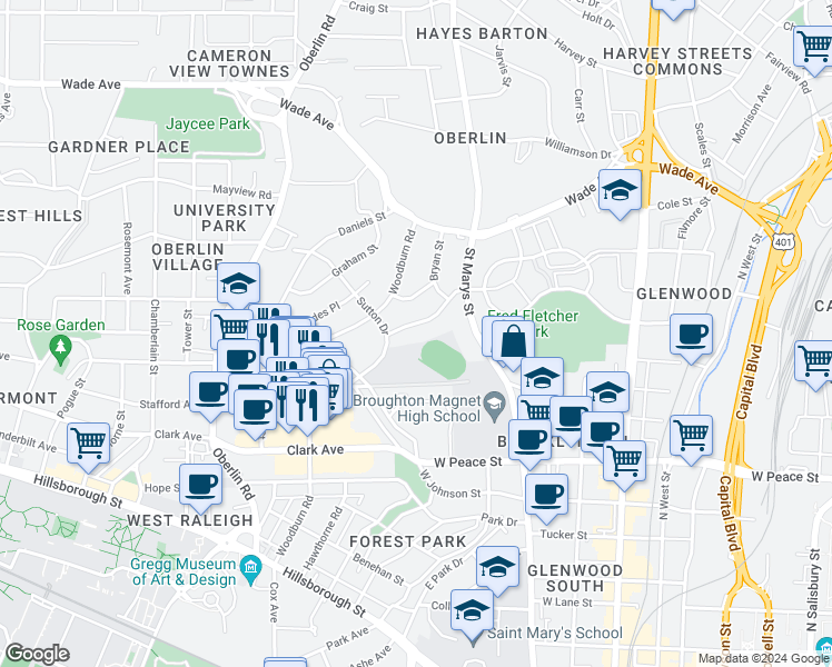 map of restaurants, bars, coffee shops, grocery stores, and more near 1029 Nichols Drive in Raleigh