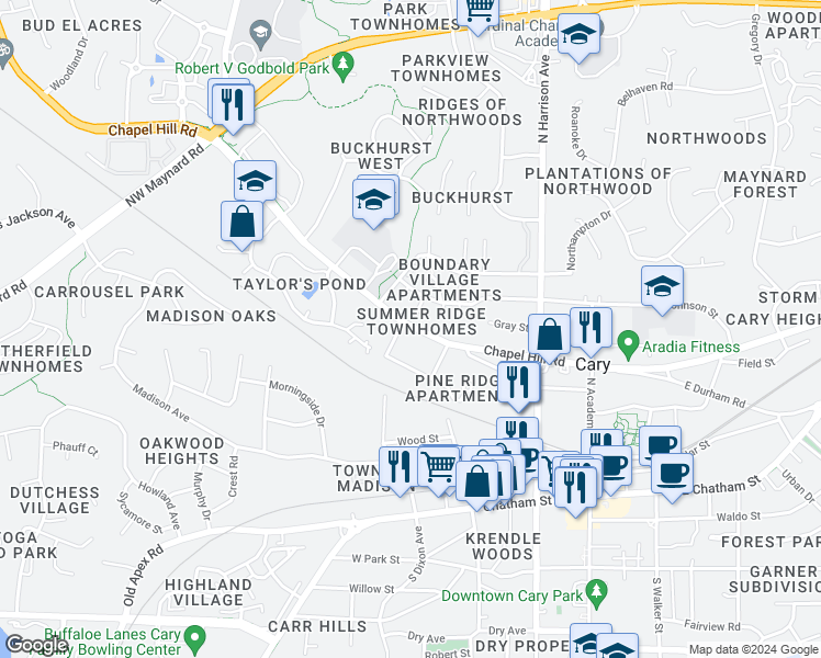 map of restaurants, bars, coffee shops, grocery stores, and more near 8717 Chapel Hill Road in Cary