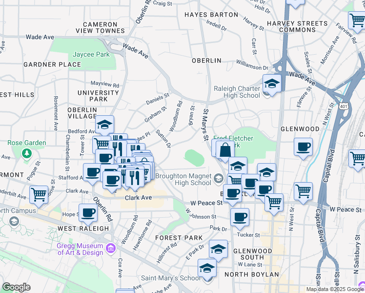 map of restaurants, bars, coffee shops, grocery stores, and more near 1029 Nichols Drive in Raleigh