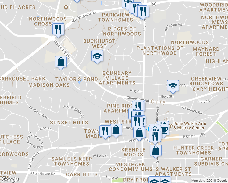 map of restaurants, bars, coffee shops, grocery stores, and more near 8708 Chapel Hill Road in Cary
