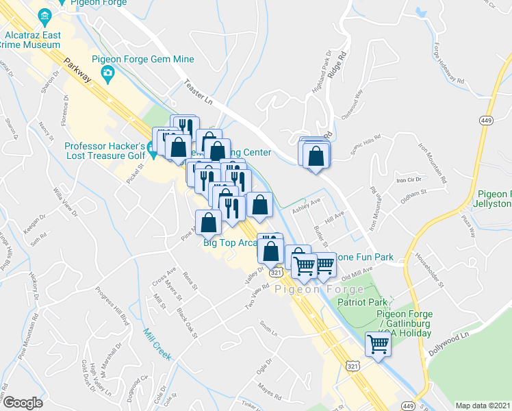 map of restaurants, bars, coffee shops, grocery stores, and more near 3200 North River Road in Pigeon Forge
