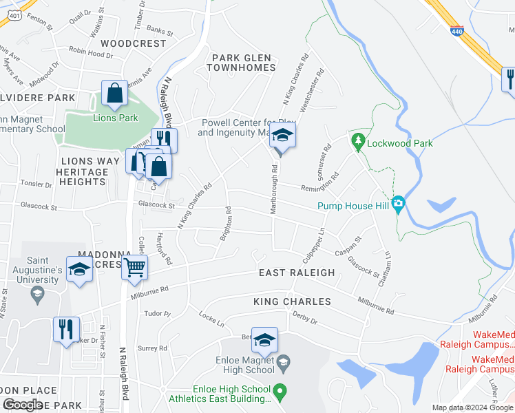 map of restaurants, bars, coffee shops, grocery stores, and more near 2325 Glascock Street in Raleigh