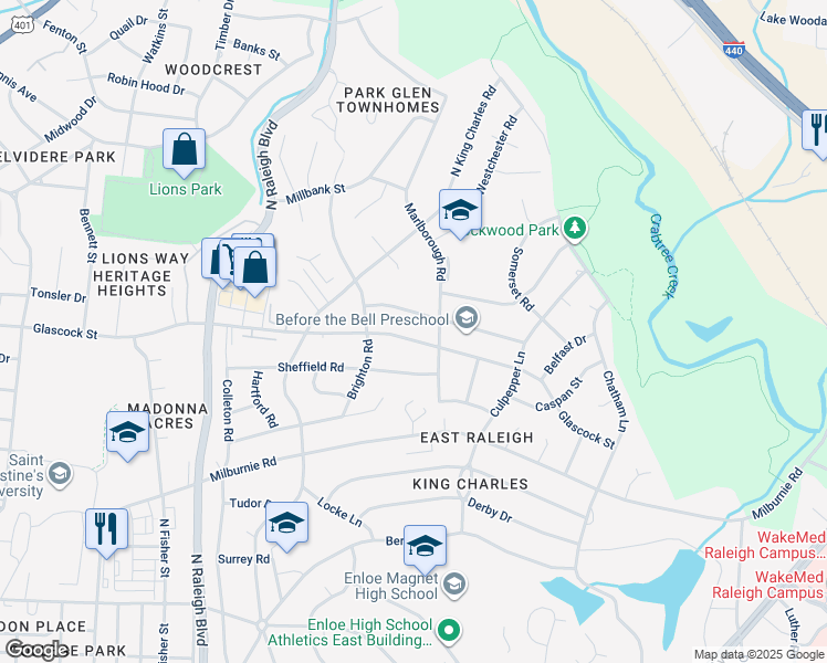 map of restaurants, bars, coffee shops, grocery stores, and more near 2325 Glascock Street in Raleigh