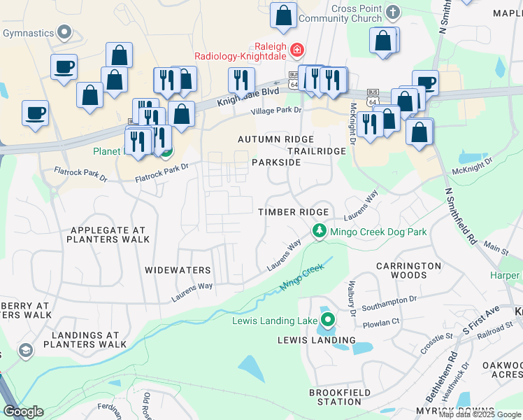 map of restaurants, bars, coffee shops, grocery stores, and more near 118 Mingocrest Drive in Knightdale