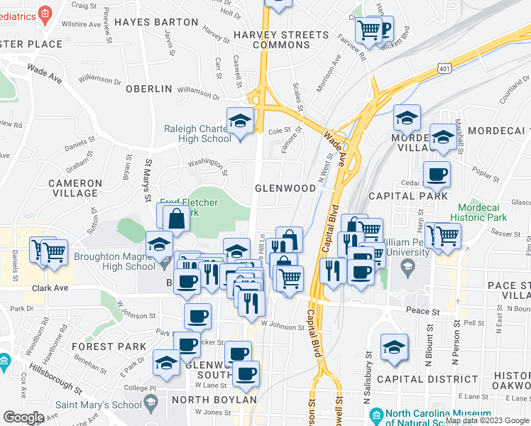 map of restaurants, bars, coffee shops, grocery stores, and more near 1102 Glenwood Avenue in Raleigh