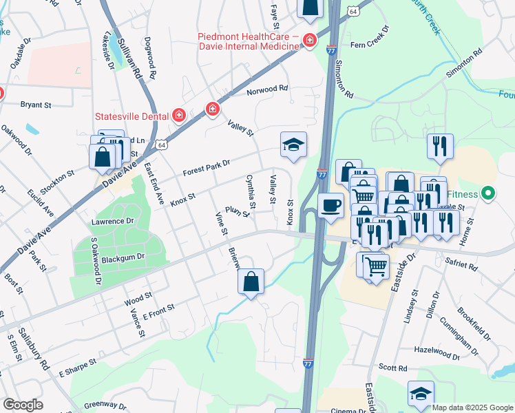 map of restaurants, bars, coffee shops, grocery stores, and more near 204 Cynthia Street in Statesville