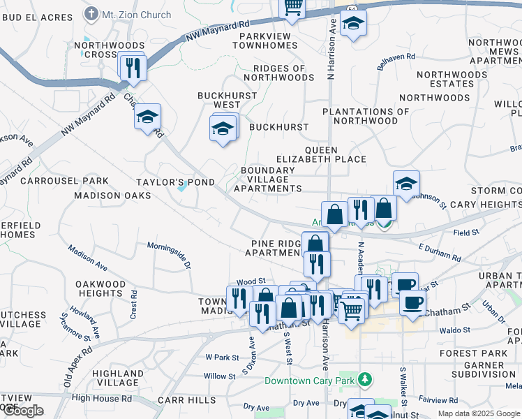map of restaurants, bars, coffee shops, grocery stores, and more near 8708 Chapel Hill Road in Cary