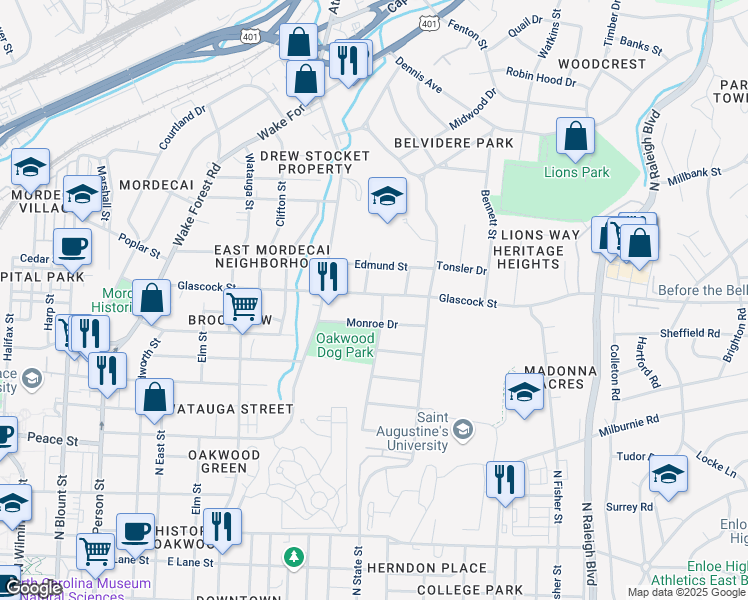 map of restaurants, bars, coffee shops, grocery stores, and more near 624 Glascock Street in Raleigh