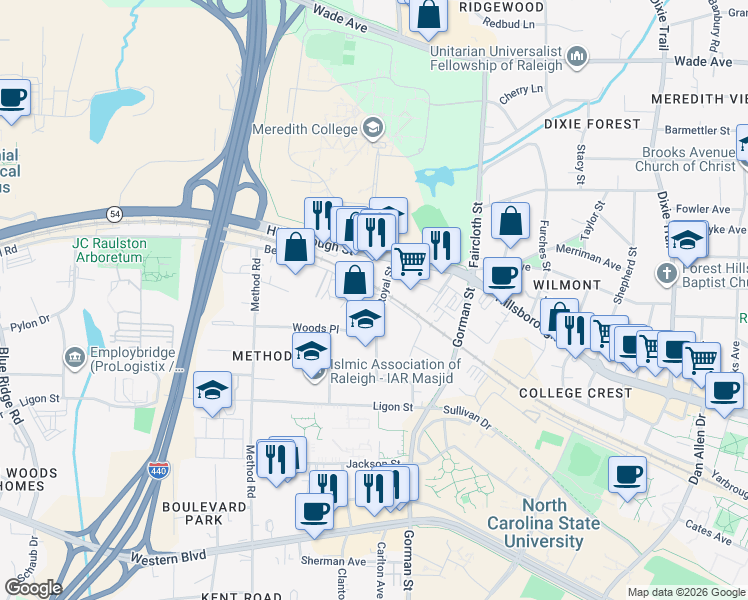 map of restaurants, bars, coffee shops, grocery stores, and more near 500 Royal Street in Raleigh