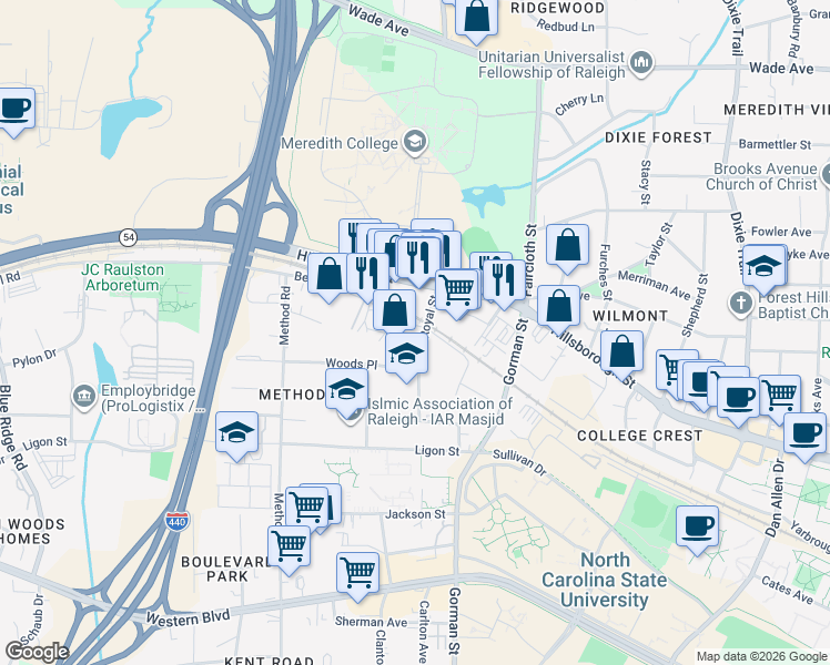 map of restaurants, bars, coffee shops, grocery stores, and more near 500 Royal Street in Raleigh