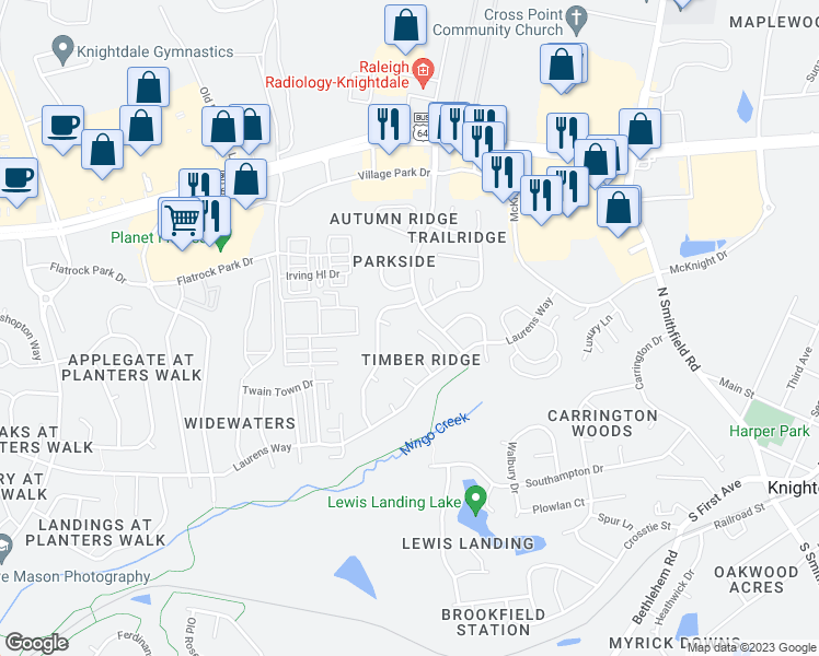 map of restaurants, bars, coffee shops, grocery stores, and more near 101 Elmridge Drive in Knightdale