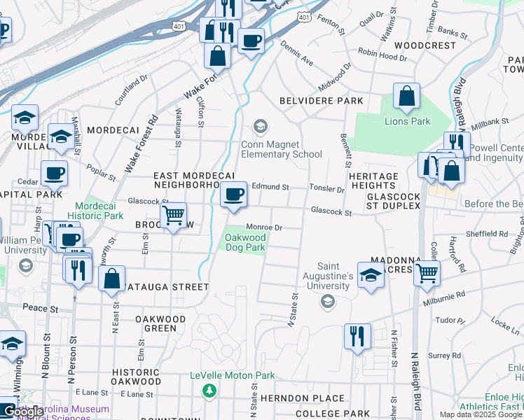 map of restaurants, bars, coffee shops, grocery stores, and more near 622 Glascock Street in Raleigh