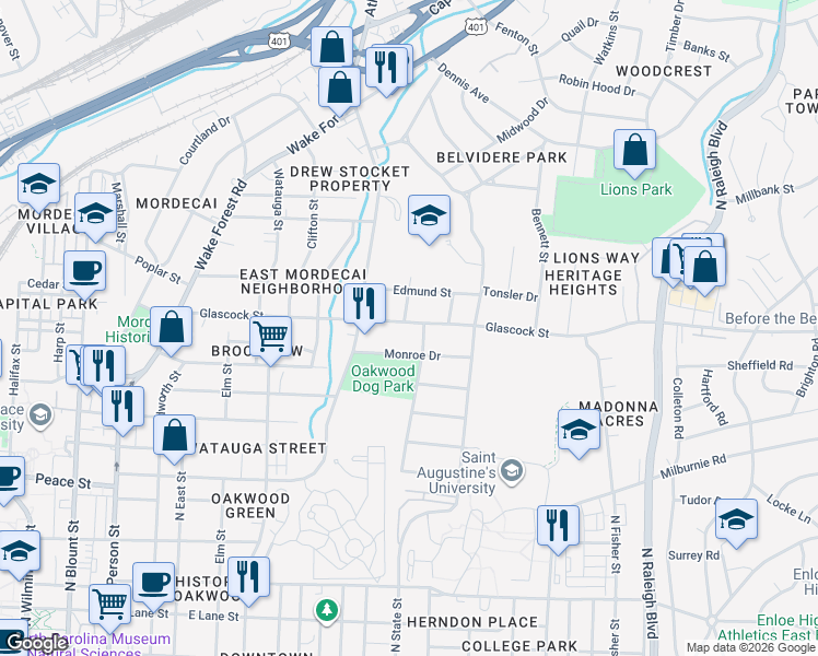map of restaurants, bars, coffee shops, grocery stores, and more near 622 Glascock Street in Raleigh