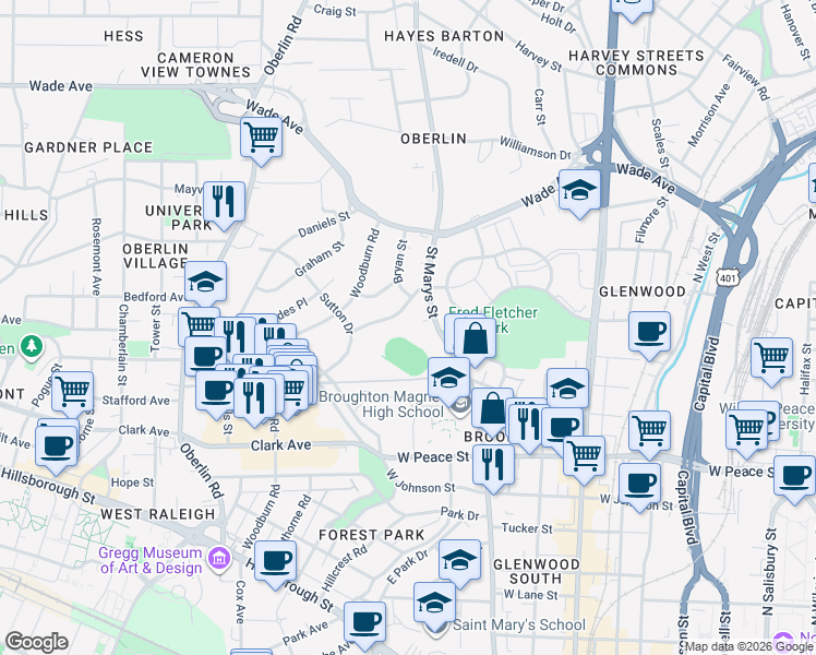 map of restaurants, bars, coffee shops, grocery stores, and more near in Raleigh