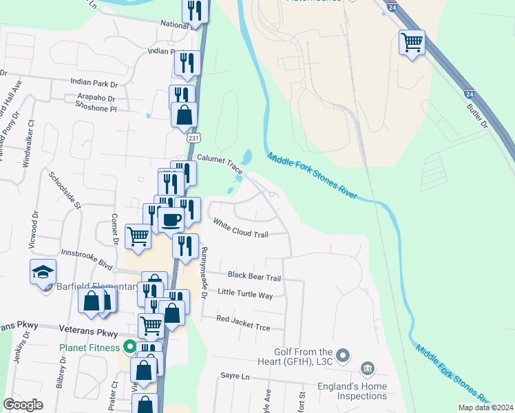map of restaurants, bars, coffee shops, grocery stores, and more near 2702 Soaring Eagle Court in Murfreesboro