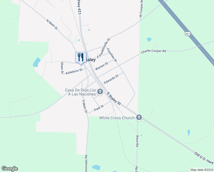 map of restaurants, bars, coffee shops, grocery stores, and more near 140 Edwards Street in Staley