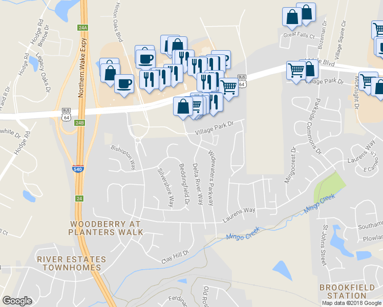 map of restaurants, bars, coffee shops, grocery stores, and more near 1039 Delta River Way in Knightdale