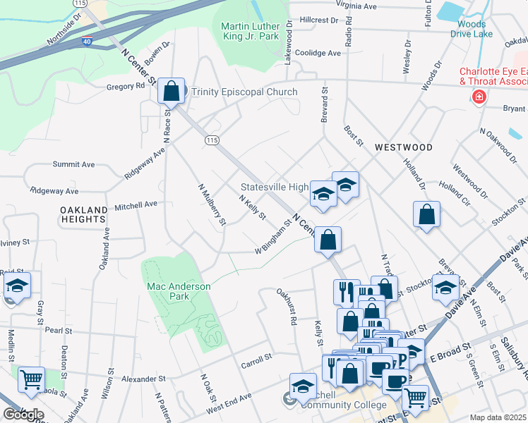 map of restaurants, bars, coffee shops, grocery stores, and more near 532 Kelly Street in Statesville