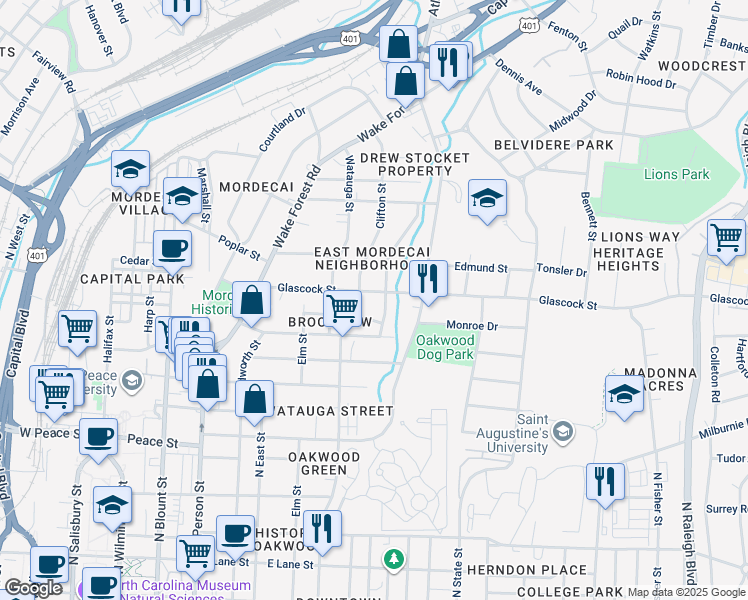 map of restaurants, bars, coffee shops, grocery stores, and more near 408 Glascock St in Raleigh
