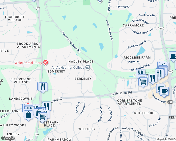map of restaurants, bars, coffee shops, grocery stores, and more near 103 Myers Farm Court in Cary