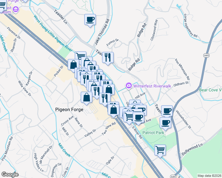 map of restaurants, bars, coffee shops, grocery stores, and more near 3215 North River Road in Pigeon Forge
