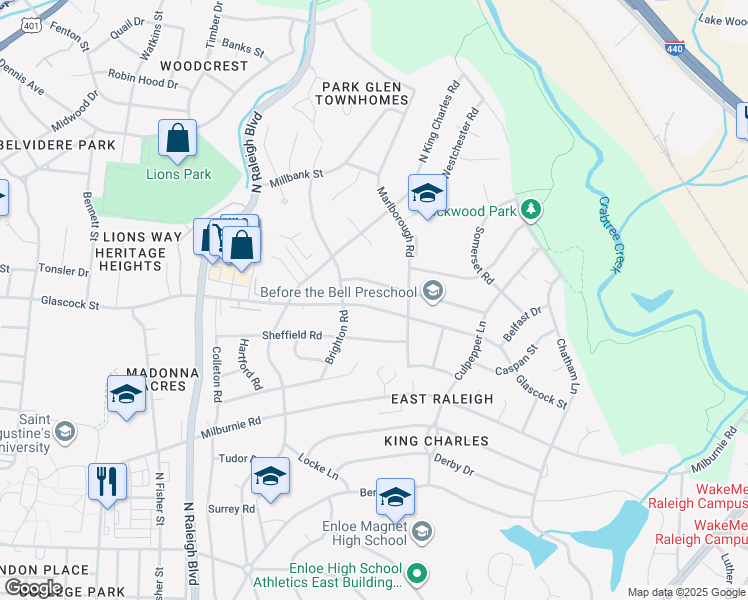 map of restaurants, bars, coffee shops, grocery stores, and more near 2313 Glascock Street in Raleigh