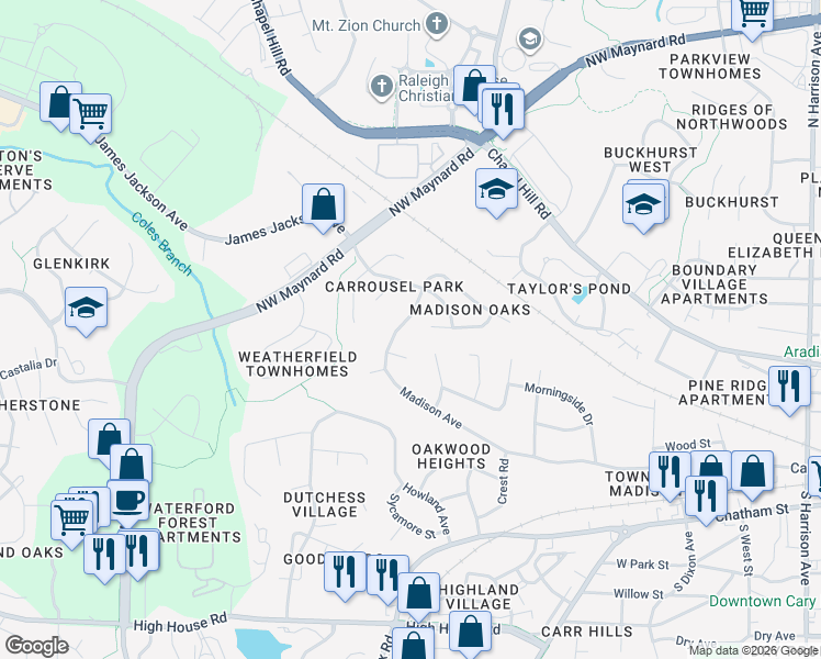 map of restaurants, bars, coffee shops, grocery stores, and more near 837 Madison Avenue in Cary