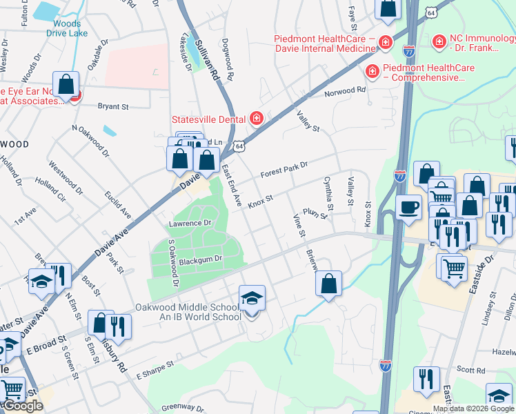 map of restaurants, bars, coffee shops, grocery stores, and more near 221 Magnolia Street in Statesville