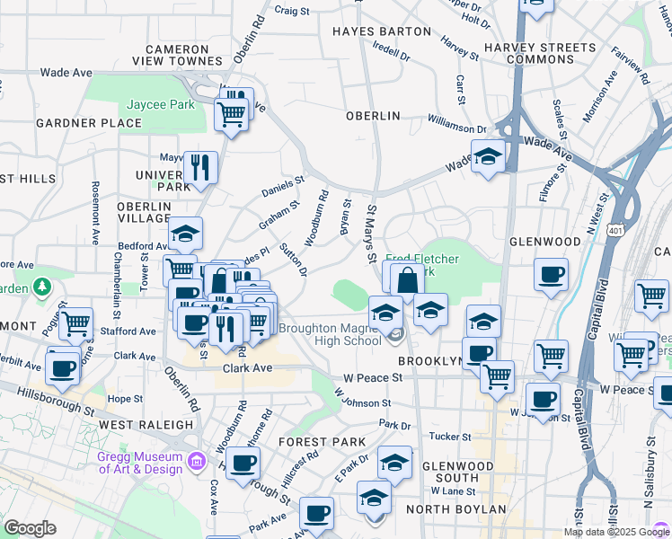 map of restaurants, bars, coffee shops, grocery stores, and more near 1040 Nichols Drive in Raleigh