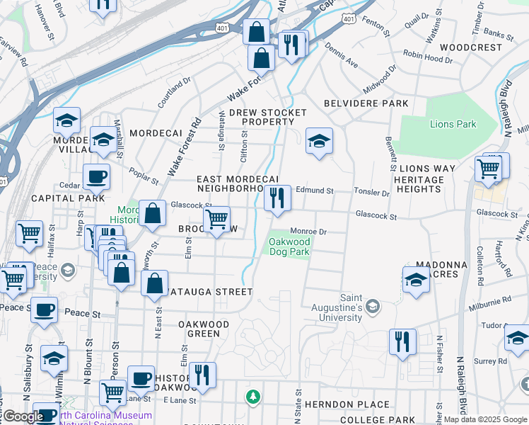 map of restaurants, bars, coffee shops, grocery stores, and more near 514 Glascock Street in Raleigh