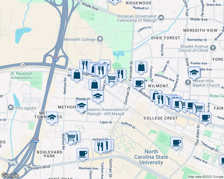 map of restaurants, bars, coffee shops, grocery stores, and more near 3707 Neil Street in Raleigh