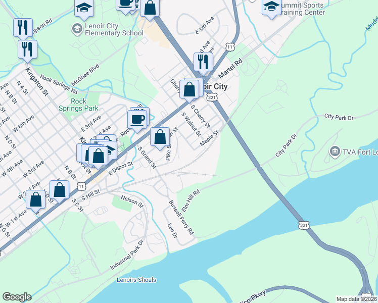 map of restaurants, bars, coffee shops, grocery stores, and more near 304 Locust Street in Lenoir City