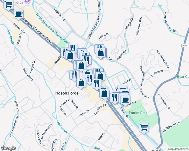 map of restaurants, bars, coffee shops, grocery stores, and more near 3215 Parkway in Pigeon Forge
