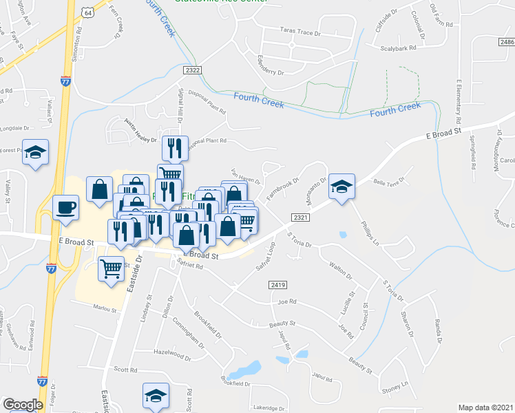 map of restaurants, bars, coffee shops, grocery stores, and more near 203 North Toria Drive in Statesville