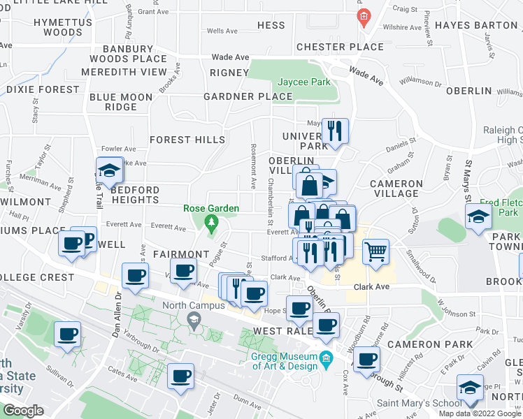 map of restaurants, bars, coffee shops, grocery stores, and more near 2408 Kilgore Avenue in Raleigh