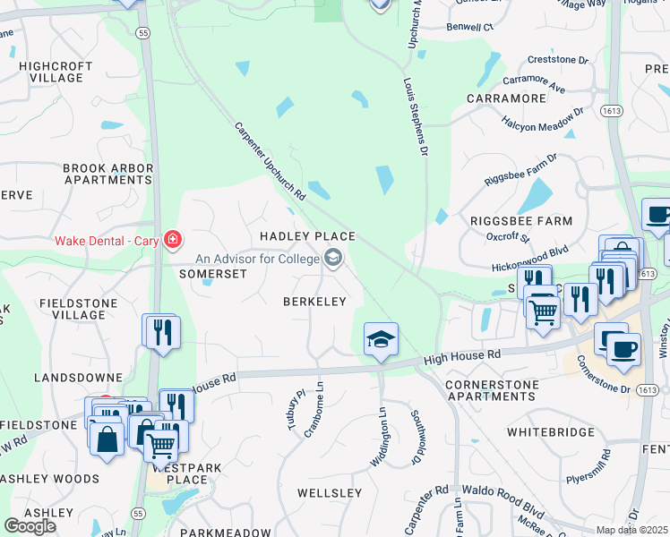 map of restaurants, bars, coffee shops, grocery stores, and more near 103 Myers Farm Court in Cary