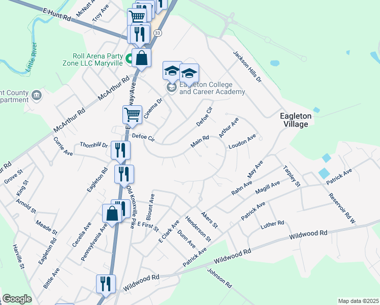 map of restaurants, bars, coffee shops, grocery stores, and more near 219 Main Road in Maryville