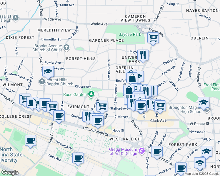 map of restaurants, bars, coffee shops, grocery stores, and more near 2412 Kilgore Avenue in Raleigh
