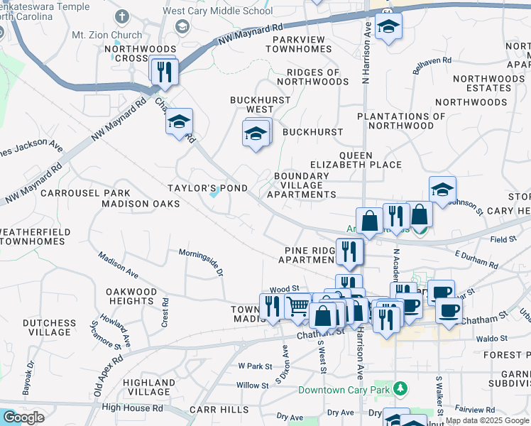 map of restaurants, bars, coffee shops, grocery stores, and more near 8733 Chapel Hill Road in Cary