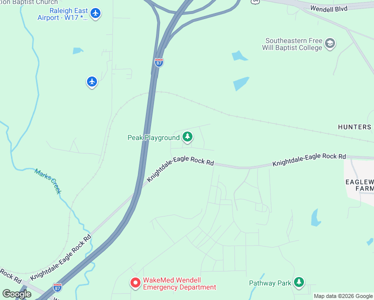 map of restaurants, bars, coffee shops, grocery stores, and more near 6121 Knightdale-Eagle Rock Road in Wendell