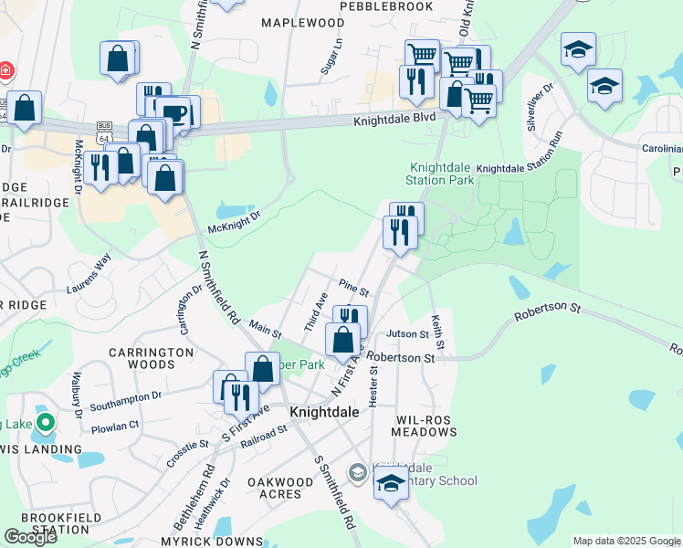 map of restaurants, bars, coffee shops, grocery stores, and more near 504 Pine Street in Knightdale