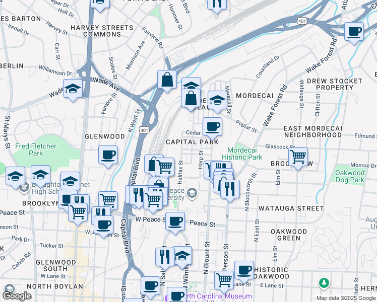 map of restaurants, bars, coffee shops, grocery stores, and more near 1005 Haynes Street in Raleigh